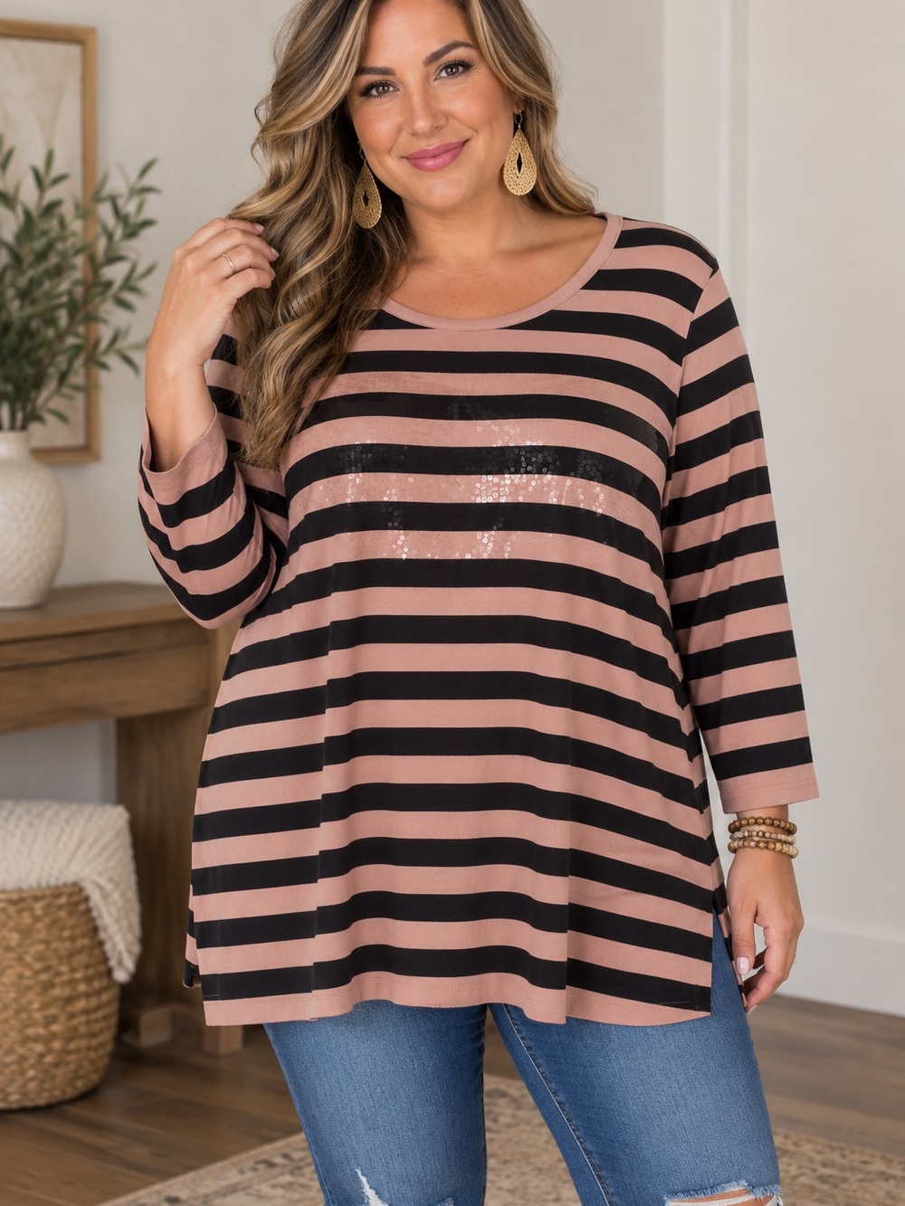 Apostrophe Blush and Black Striped Long Sleeve Sequin Tee